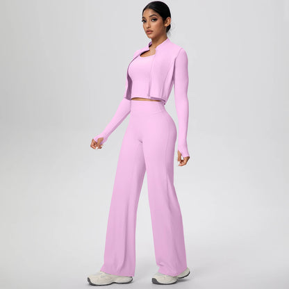 Rosa Yoga-Set für Damen mit Reißverschluss-Cropjacke und weit fallender Hose, Ganzansicht