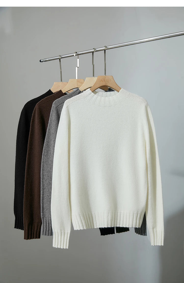 AMII Damenpullover am Kleiderbügel, offwhite, grau und schwarz, Rundhals, Rippenbund