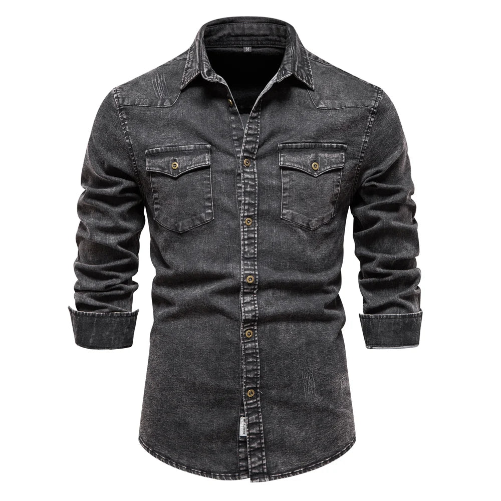 Herren Denim Hemd aus Baumwolle mit doppelten Taschen im lässigen Stil