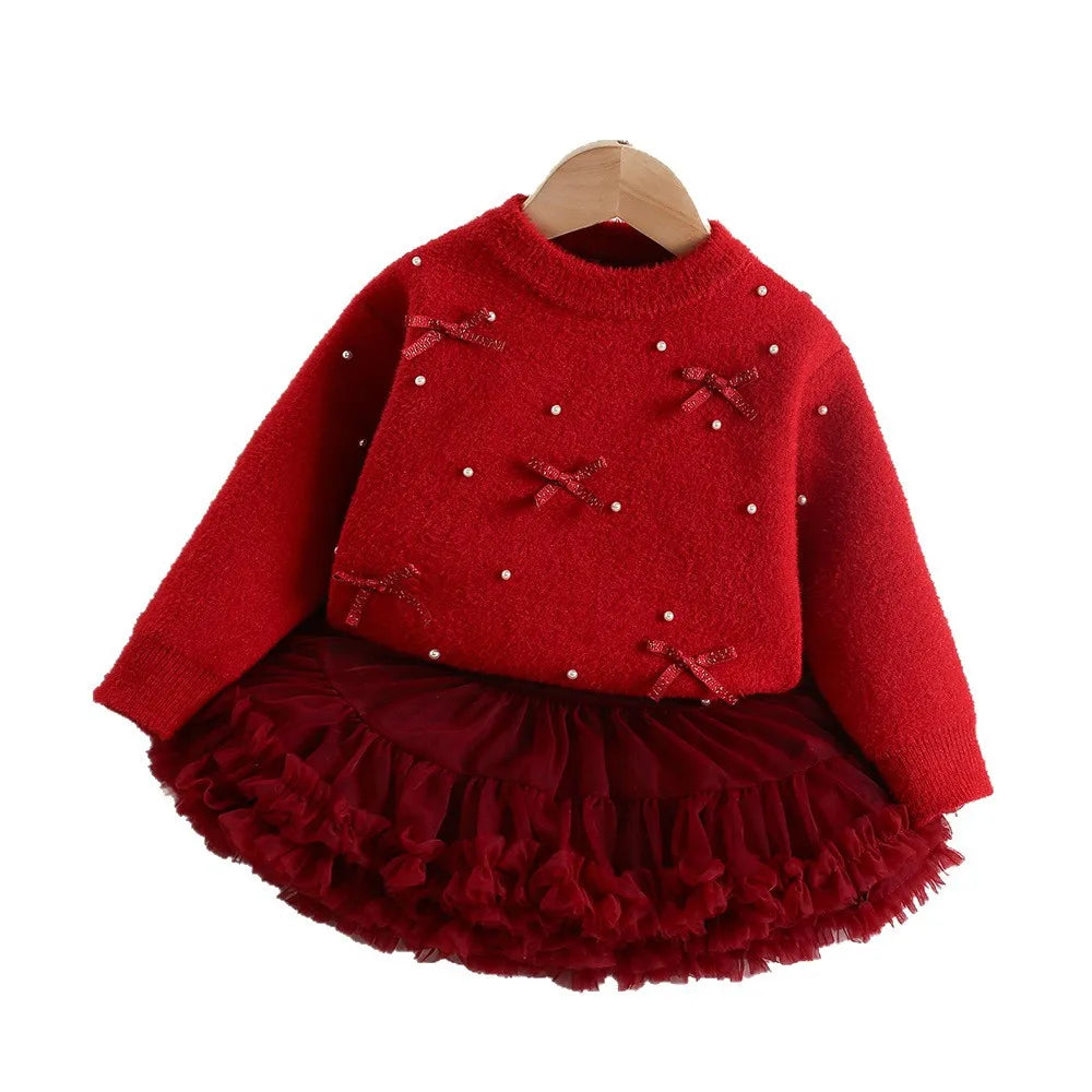 Mädchen Outfit Set mit Bogen Pullover und dünnem Mesh Rock