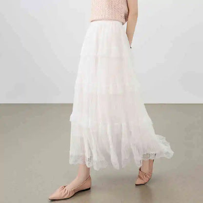 Damen A-Linie Spitzenrock im süßen Stil mit elastischer Taille und Patchwork-Mesh