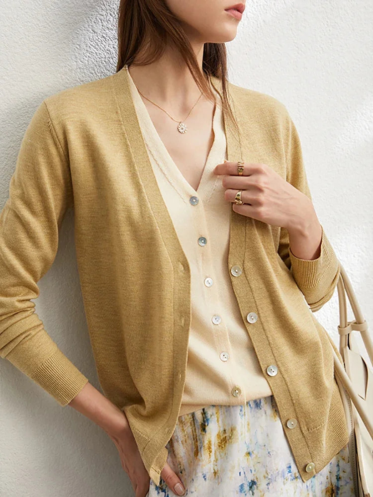Damen-Strickjacke V-Ausschnitt dünn locker Patchwork Sommer