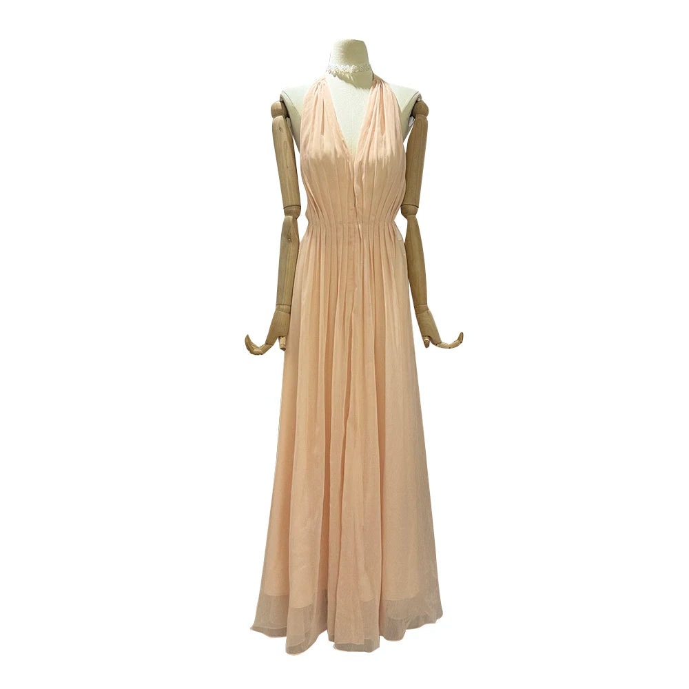 Elegantes Damen-Kleid mit V-Ausschnitt, kurzen Ärmeln und Perlenverzierung – Patchwork-Design mit Rüschen und Falten.