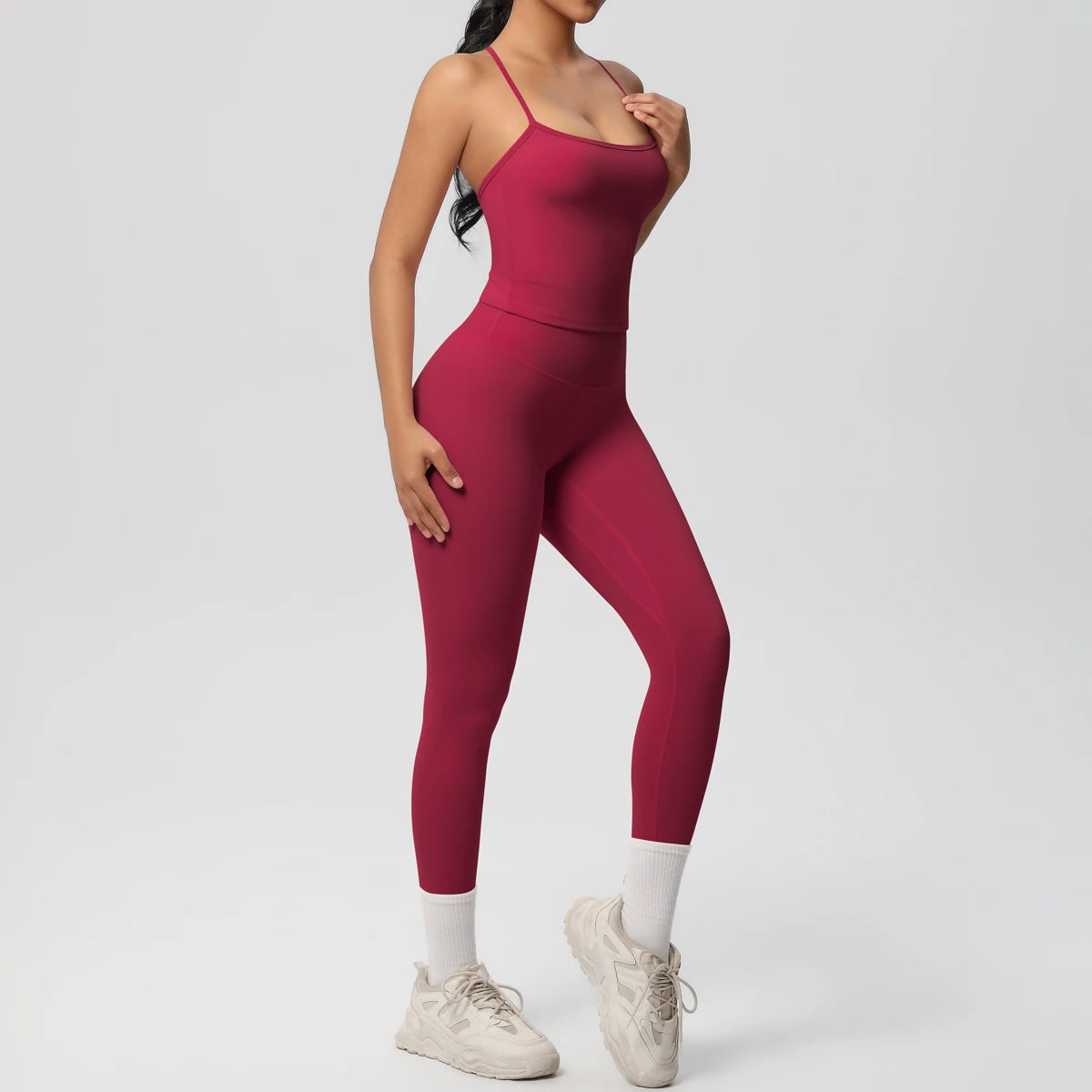 Yoga-Set mit Tanktop und Leggings, weinrot, schmale Träger, Knöchelsaum