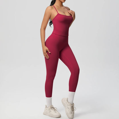 Yoga-Set mit Tanktop und Leggings, weinrot, schmale Träger, Knöchelsaum