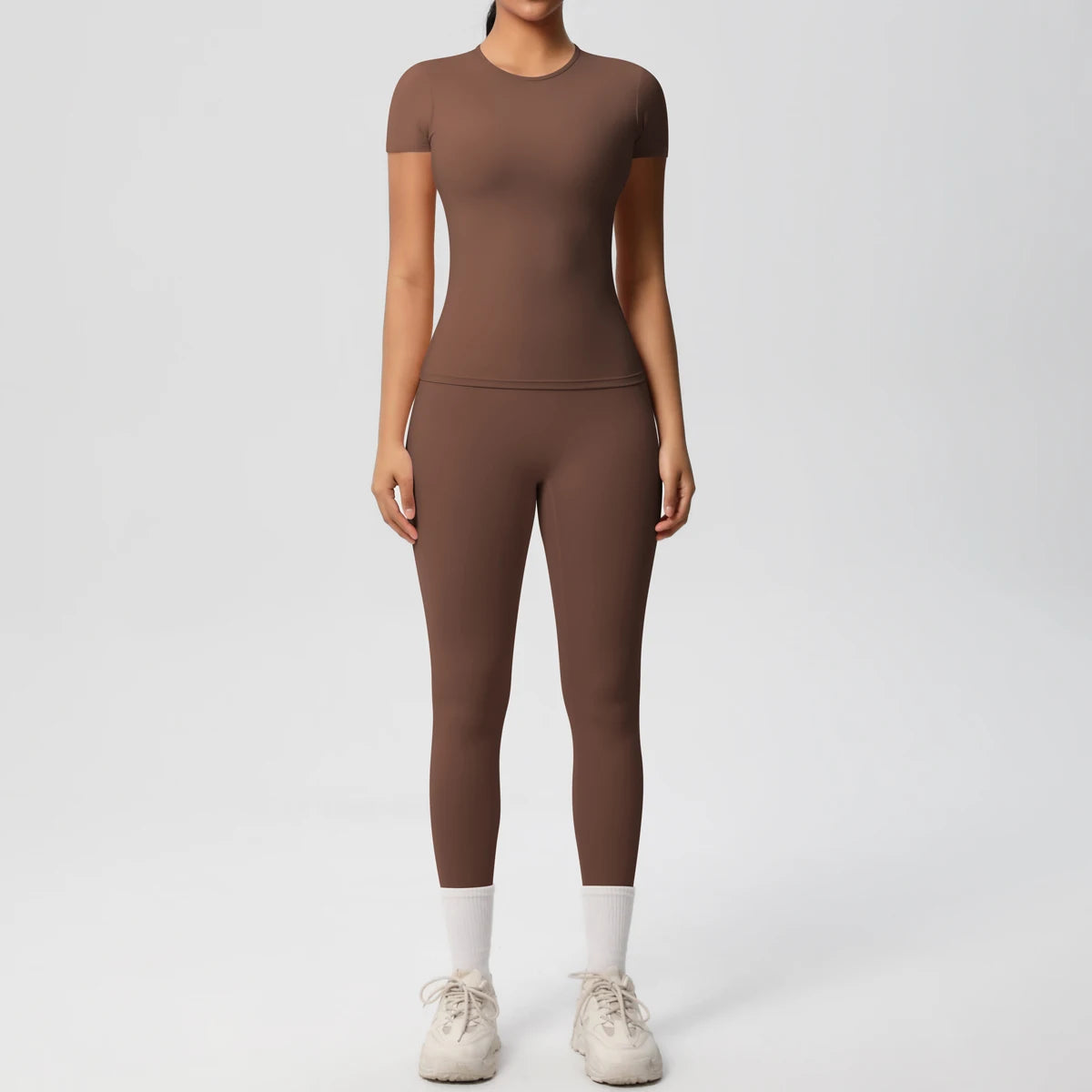 Sport-Crop-Top und Leggings im Set, schokoladenbraun, kurzarm, slim fit