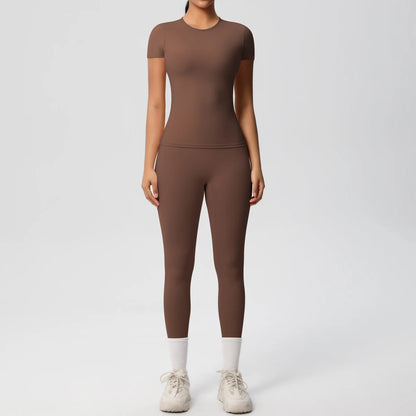 Sport-Crop-Top und Leggings im Set, schokoladenbraun, kurzarm, slim fit