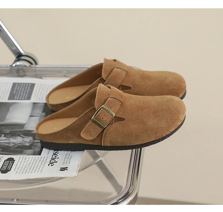 AIYUQI Hausschuhe Frauen Echt Leder 2025, Neue Große Größe 41 42 43 Frauen Sommer Schuhe Retro Oberbekleidung Flache Faule halbe Hausschuhe Frauen