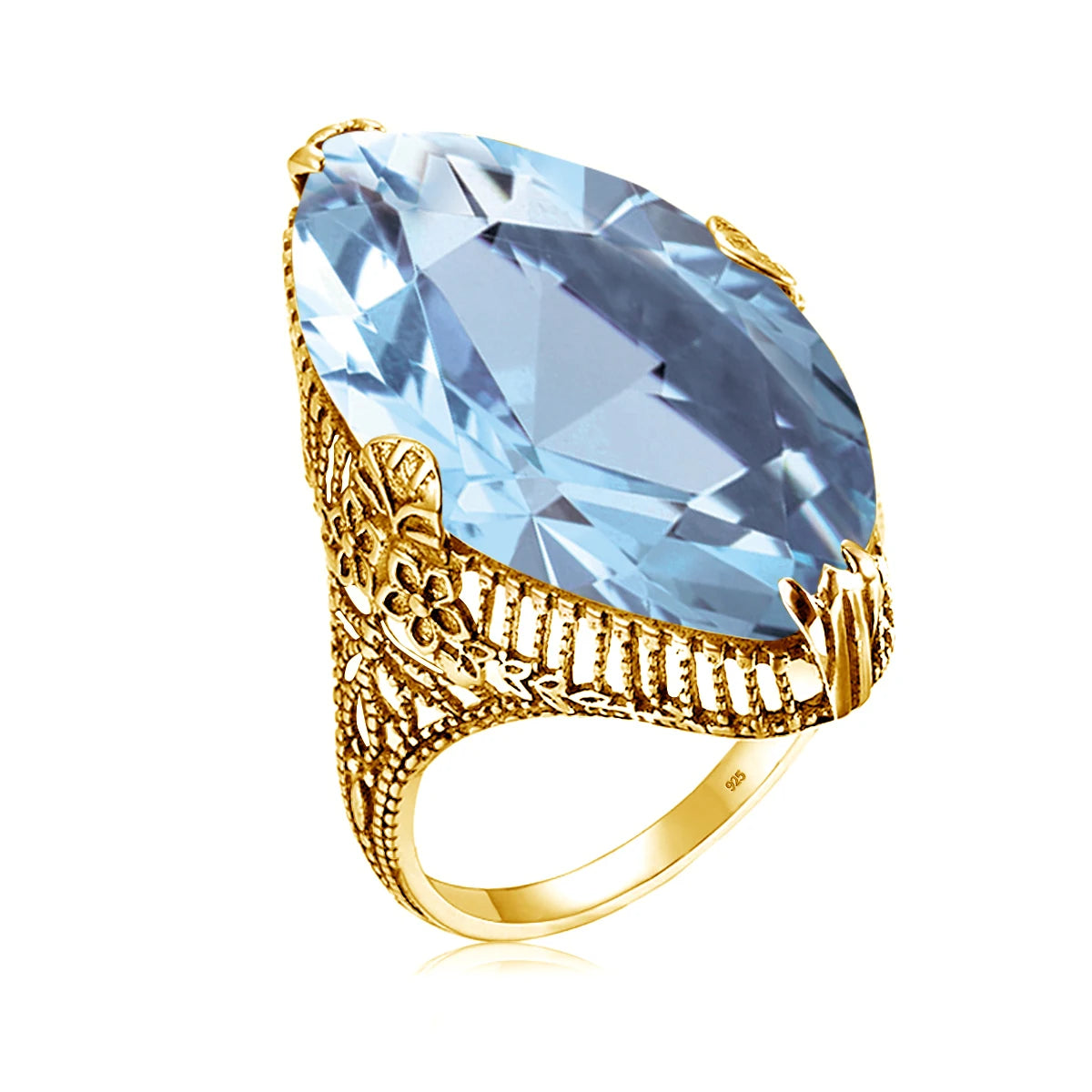 Damen-Ring aus 925er Sterlingsilber mit Aquamarin-Ovalstein, Cocktailring für Party