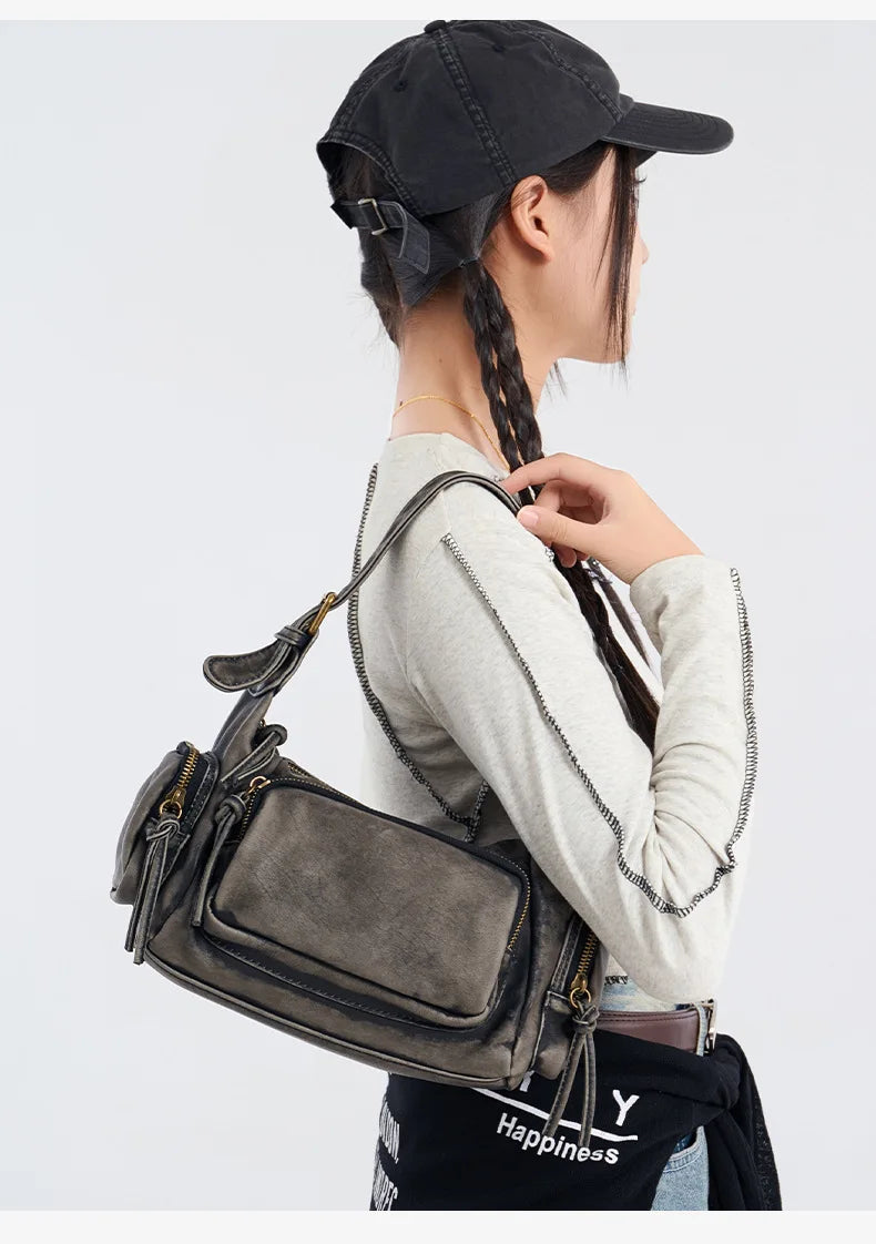 Damen-Hobo-Tasche aus Leder im Vintage-Look mit Mehrfach-Fächern und Tassel-Reißverschluss Alltagsbegleiter