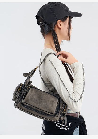 Damen-Hobo-Tasche aus Leder im Vintage-Look mit Mehrfach-Fächern und Tassel-Reißverschluss Alltagsbegleiter