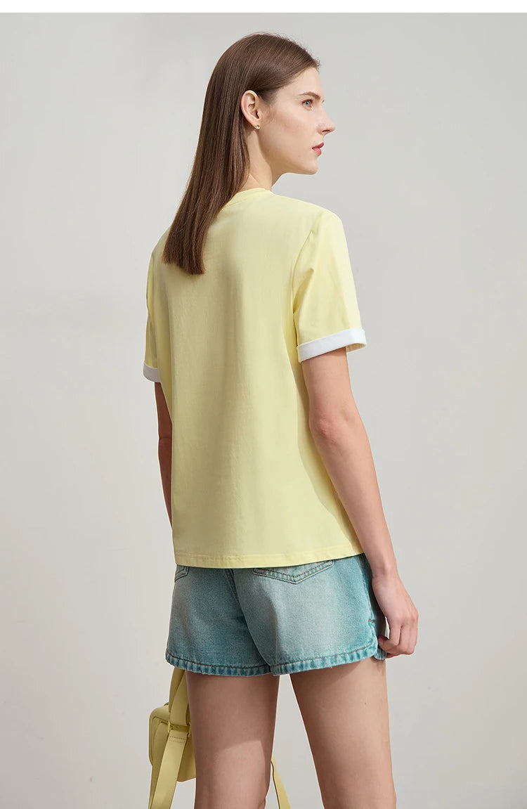 Damen Freizeit-T-Shirt mit Rundhalsausschnitt und Farbblockierung für den Sommer