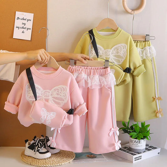 Mädchen Hoodie Set mit Bogen und breiten Beinhosen für Herbst 1-6 Jahre