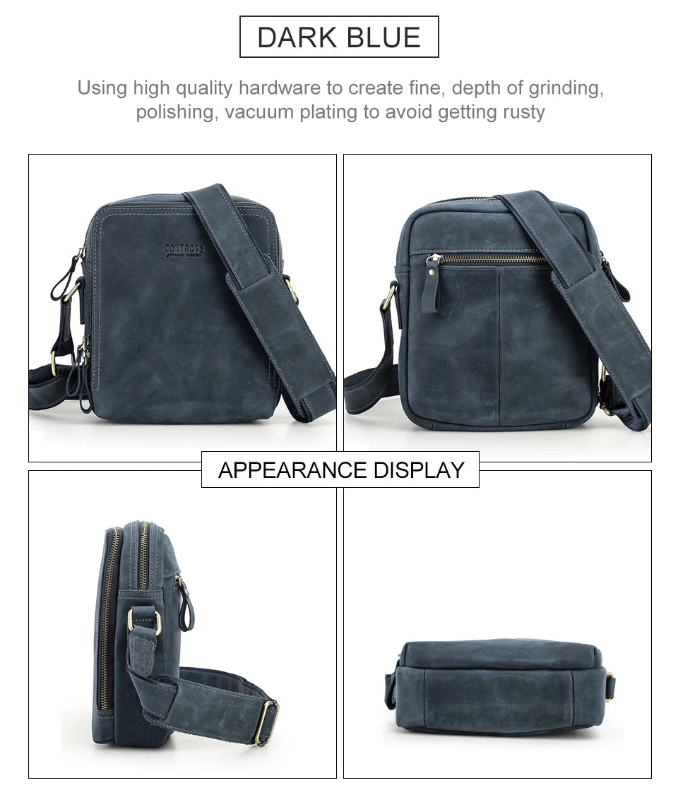 Herren-Schultertasche aus Leder, dunkelblau, mit mehreren Reißverschlussfächern
