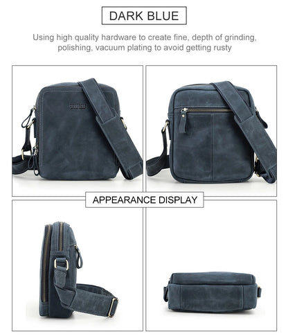 Herren-Schultertasche aus Leder, dunkelblau, mit mehreren Reißverschlussfächern