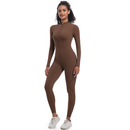 Nahtloser Damen-Overall mit langen Ärmeln, braun, Frontreißverschluss