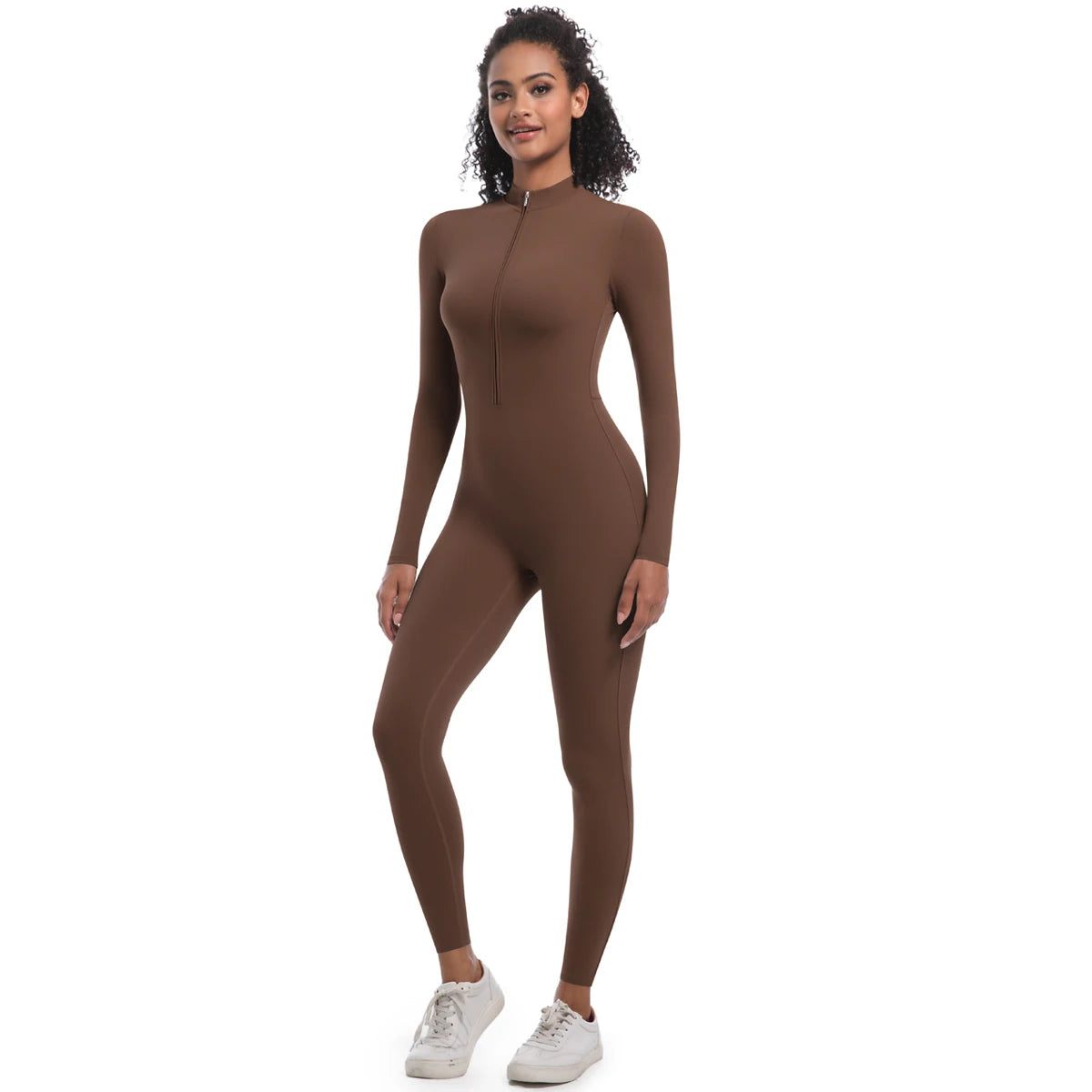 Nahtloser Damen-Yoga-Overall mit langem Arm, Slim-Fit, braun