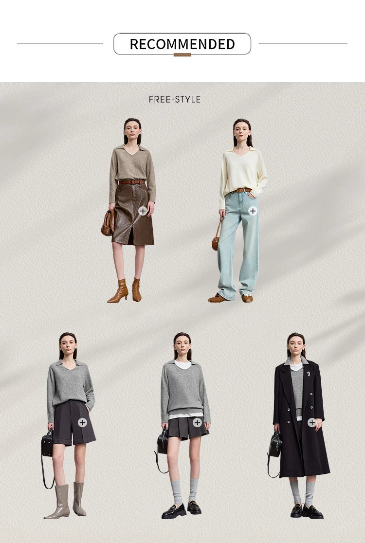 Outfit-Übersicht mit Damenpullovern in Beige, Grau und Dunkel