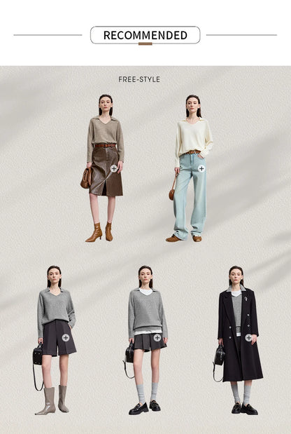 Outfit-Übersicht mit Damenpullovern in Beige, Grau und Dunkel