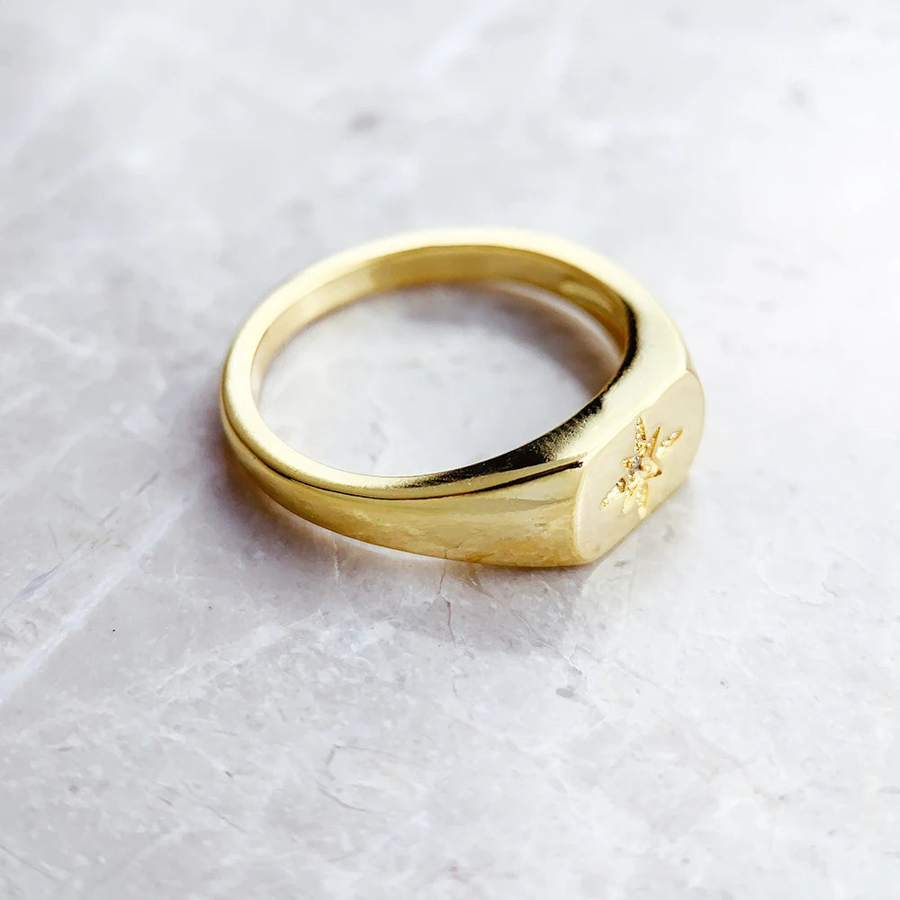 Damen-Ring Siegelring Vintage Stern golden Sommer aus Sterlingsilber