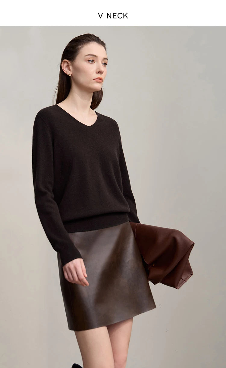 Damenpullover mit V-Ausschnitt, schwarzer Langarm, locker sitzend, Feinstrick
