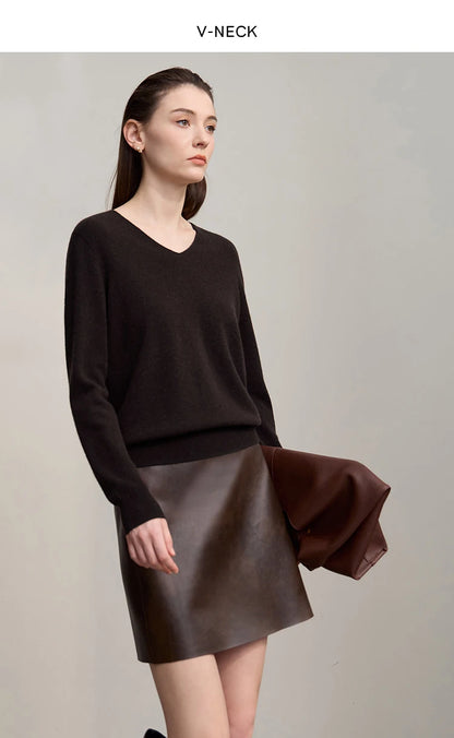 Damenpullover mit V-Ausschnitt, schwarzer Langarm, locker sitzend, Feinstrick