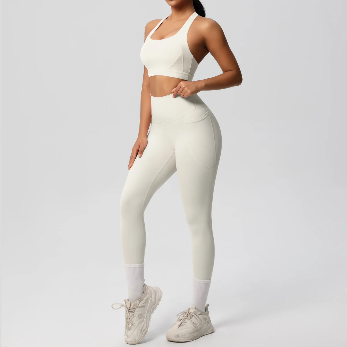 Yoga-Top und Leggings mit Bauchkontrolle, cremefarben, hohe Taille