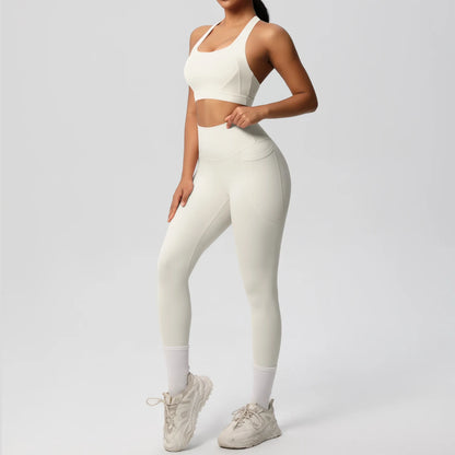 Yoga-Top und Leggings mit Bauchkontrolle, cremefarben, hohe Taille