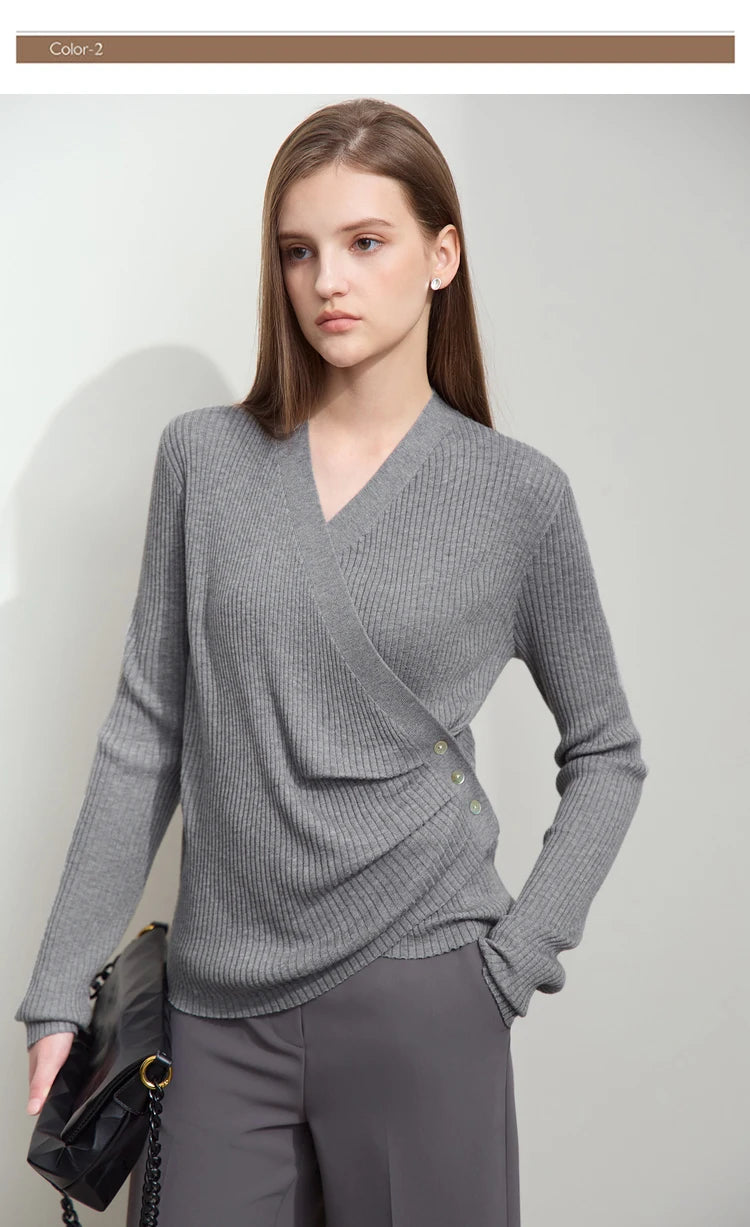 Damen V-Ausschnitt Pullover plissiert Muschelschnalle Wolle Herbst
