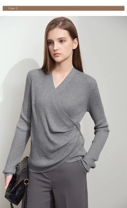 Damen V-Ausschnitt Pullover plissiert Muschelschnalle Wolle Herbst