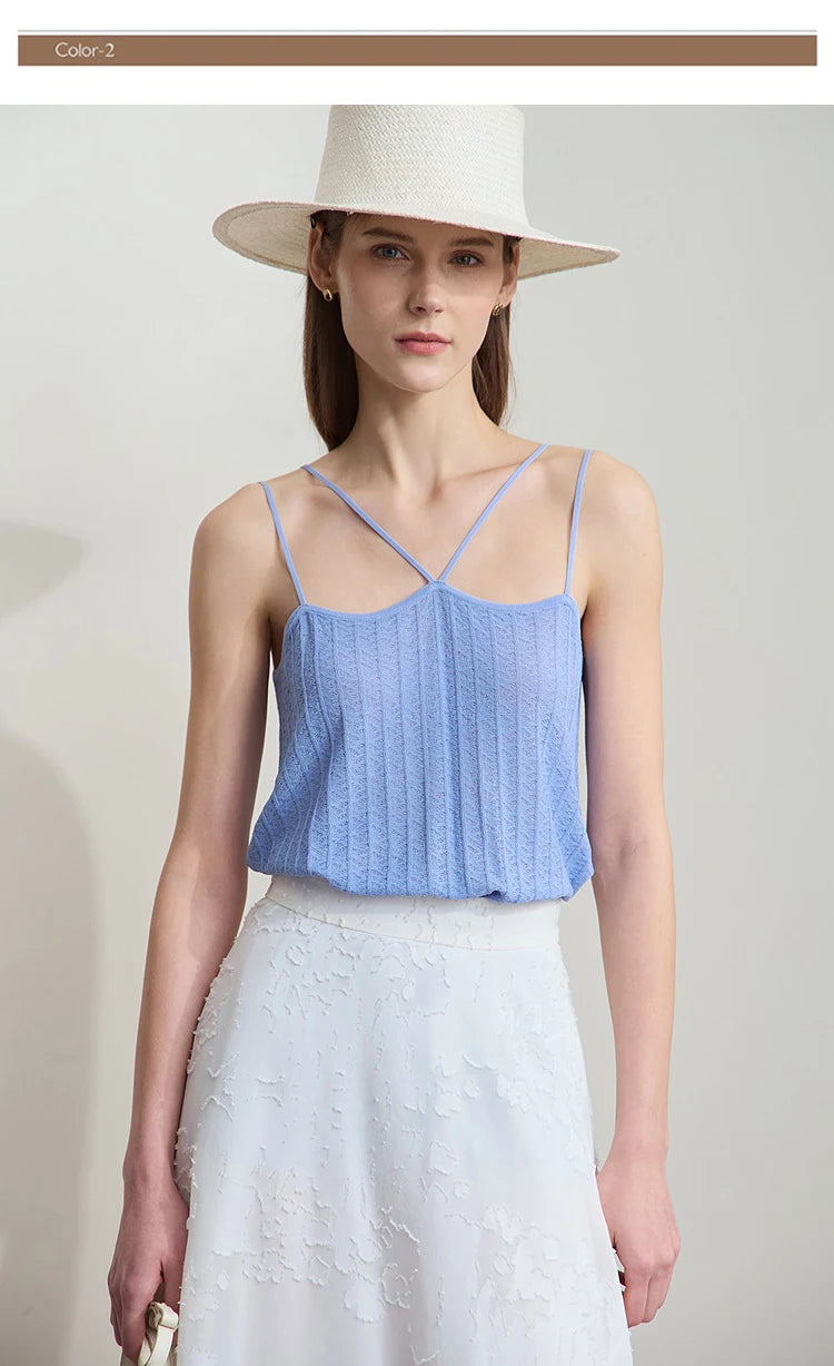 Damen-Ärmelloses Strickoberteil mit Spaghettiträgern und Neckline, einfarbig hellblau