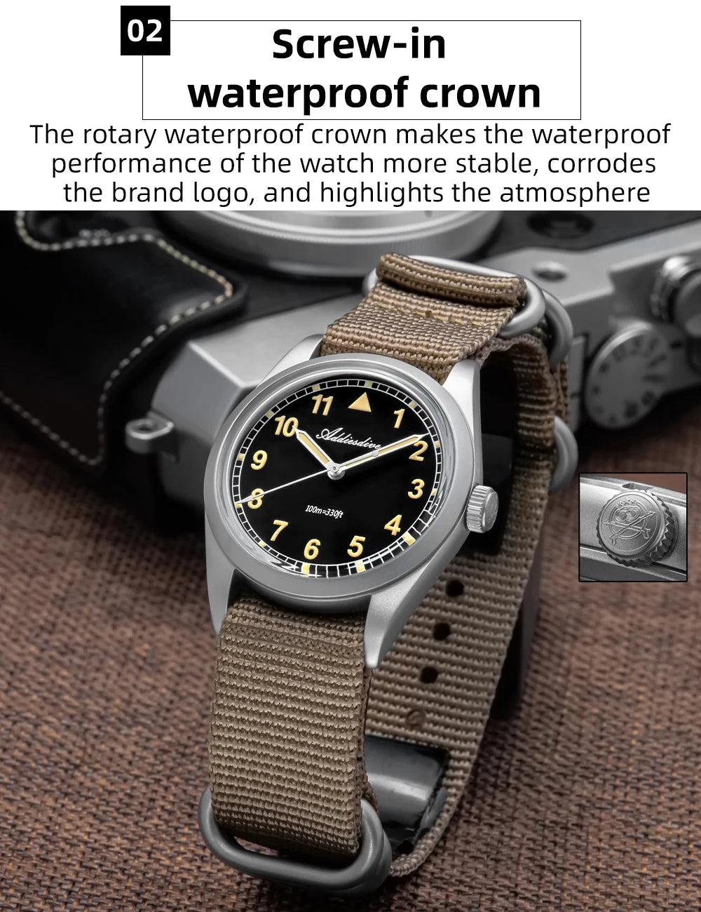 Herren Retro-Quarzuhr 36mm K1 Mineralglas Edelstahl 100m Nachtleuchtzeiger Nylon