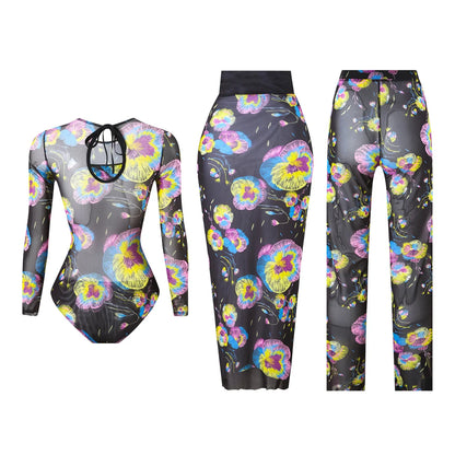 Damen-Badeanzug 3-teilig Print Langarm Sarong-Set gepolstert