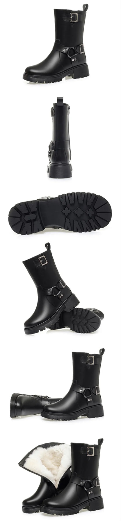 Schwarzer Winterstiefel: Vorder-, Seiten- und Innenansicht, Fellfutter und griffige Profilsohle