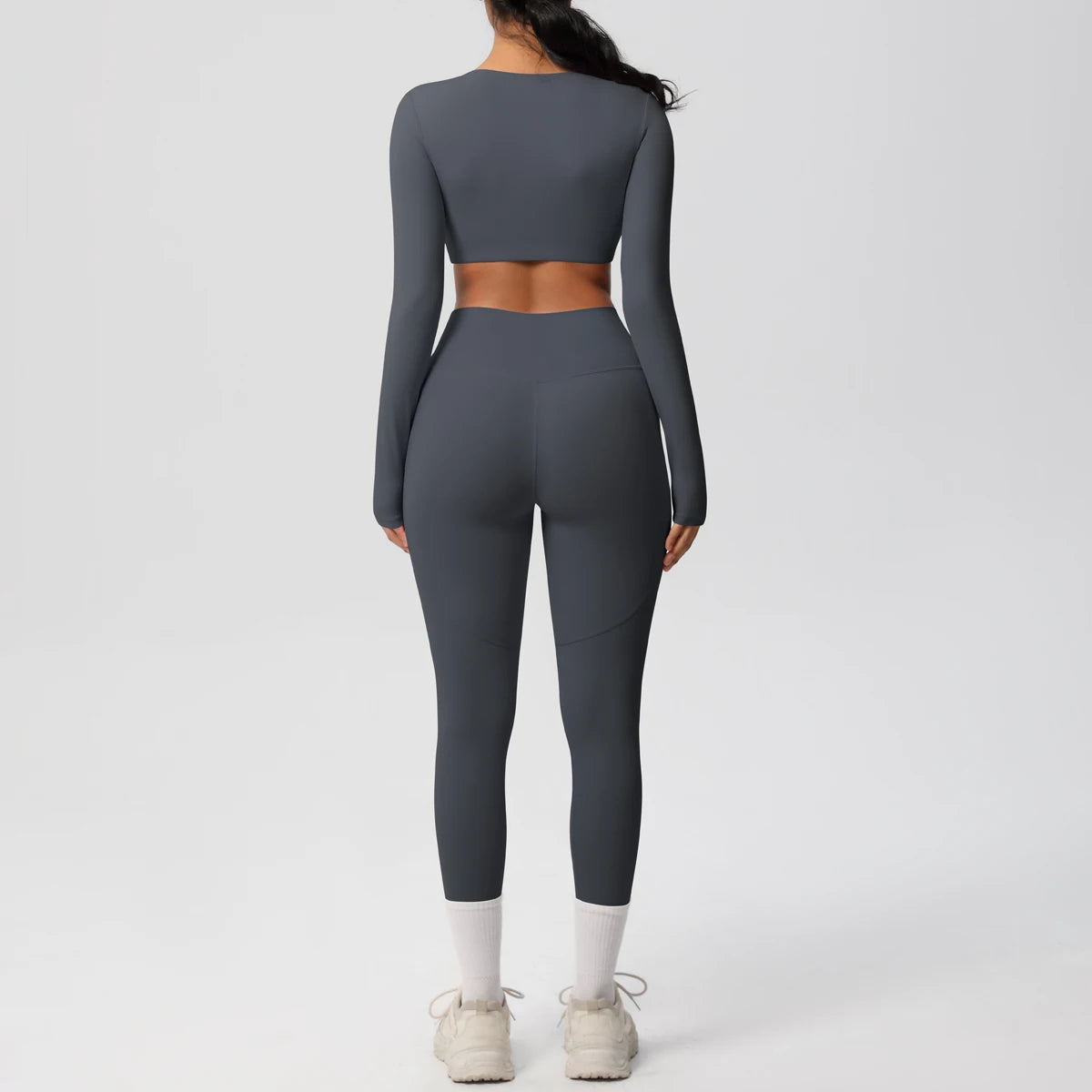 Dunkelblaues Yoga-Set, Rückansicht mit Leggings und weißem Kniesaum