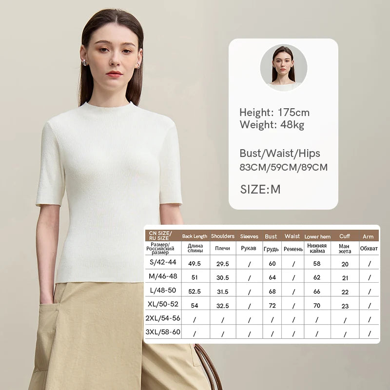 Damen-Strickpullover mit Stehkragen, Kurzarm, ecrufarbener Feinstrick, slim