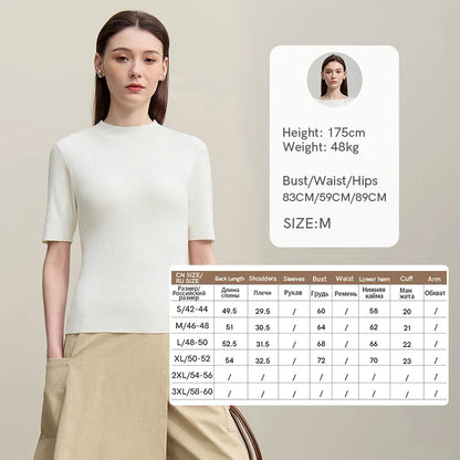 Damen-Strickpullover mit Stehkragen, Kurzarm, ecrufarbener Feinstrick, slim