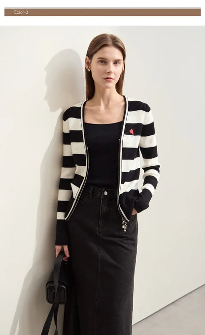 Damen-Strickjacke Kaschmir-Wolle Slim Streifen Reißverschluss Herbst