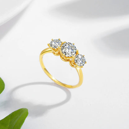 Damen-Verlobungsring aus Gelbgold 14K mit drei Moissaniten und Echtheitszertifikat