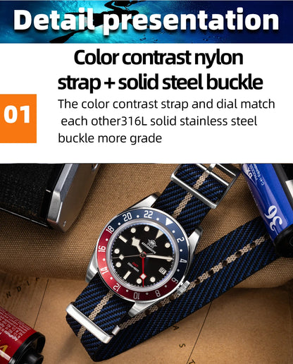 Herren-GMT-Quarzuhr mit Ronda-Werk und Nylonarmband