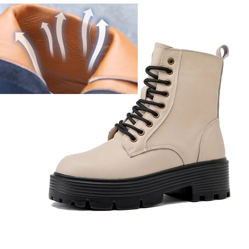 Beige Schnür-Stiefelette mit dicker Profilsohle und extragroßem Blockabsatz