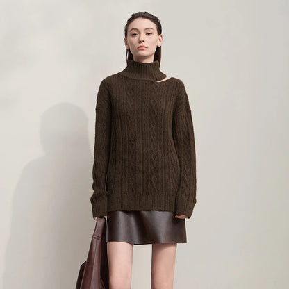 Damen-Rollkragenpullover Hohlstrick Viskose locker lang Raglan Herbst