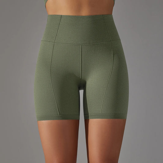 Nahtlose Yoga-Shorts mit hohem Bund, dunkelgrün, mittellange Passform