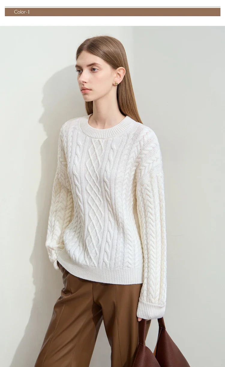 Damenpullover mit Zopfmuster, weiß/creme, Rundhalsausschnitt und lange Ärmel