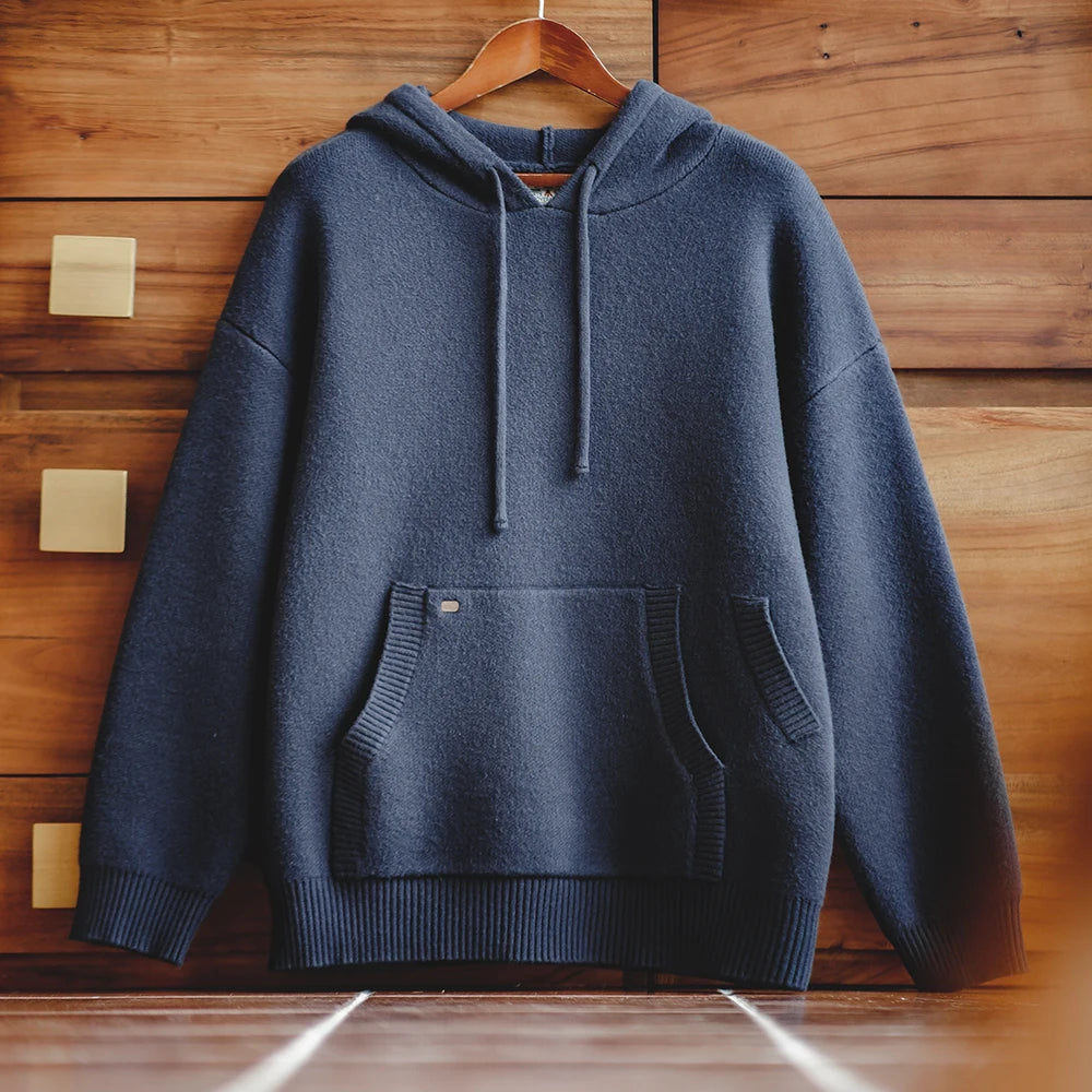 Herren Hoodie aus marineblauem Strick mit lässiger Kapuze für Outwear
