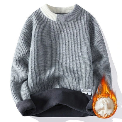 Dicker Herren-Pullover mit Rundhalsausschnitt und Patchwork-Design – Lockerer, elastischer Langarm für Herbst und Winter