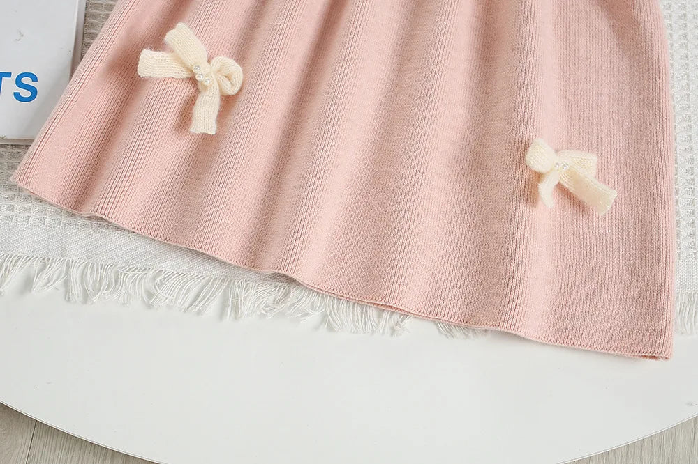 Mädchen Herbst-Strickkleid mit süßer Schleife im Farbblock-Design