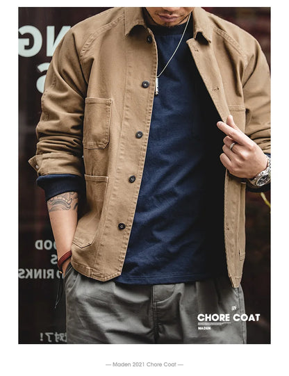 Herren Mantel aus schwerem Twill mit vier Taschen im Khaki-Farbton