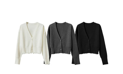 Damen-Strickjacke V-Ausschnitt kurz Quaste locker Langarm Herbst