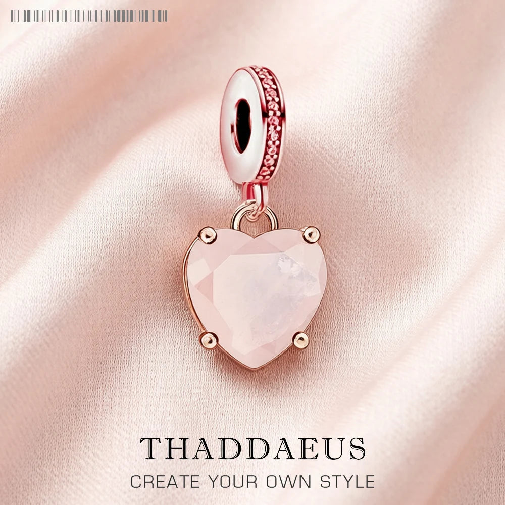 Roséfarbener 925-Sterlingsilber-Charms mit rosafarbenem Herz-Anhänger, baumelnd